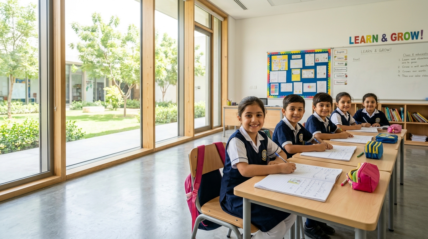 Students learning in sunlit classroom at Adan Grammar School